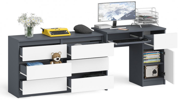 Мори Стол компьютерный МС-1 правый + Комод МК1200.6, цвет графит/белый, ШхГхВ 210,4х50х76,6 см., выдвижной ящик справа, НЕ универсальная сборка