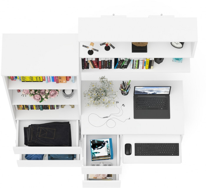 Мори Стол компьютерный МС-6 левый + Стеллаж МСТ600.3 + Полка 900, цвет белый, ШхГхВ 150,4х50х209,6 см., НЕ универсальная сборка