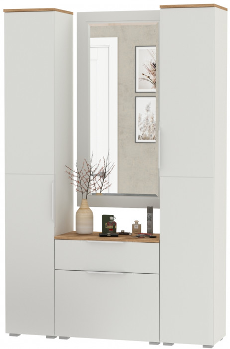 Октава Прихожая 43, цвет белый шагрень/дуб крафт золотой/фасады МДФ белый шагрень, ШхГхВ 129,3х35,4х197,6 см., универсальная сборка