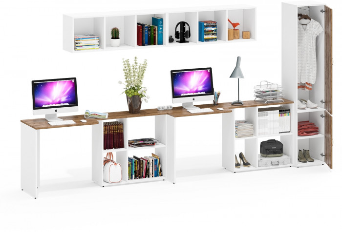 Лидер-8 Стол + Полка + Стол + Полка + Пенал МД 21Б, белый шагрень/крафт золото