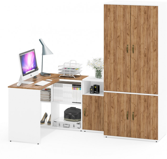 Лидер-8 Стол + Тумба МД 3.19 + Шкаф МД 19Б, белый шагрень/крафт золото