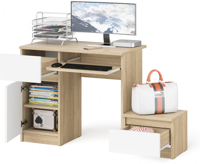 Мори Стол компьютерный МС-1 левый + Тумба ТМП400.1, цвет дуб сонома/белый, ШхГхВ 130,4х50х76,6 см., выдвижной ящик слева, НЕ универсальная сборка