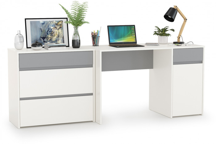 Торонто 12.149 Стол + 13.321 Комод, цвет белый шагрень/стальной серый, ШхГхВ 200х53,1х75,3 см., универсальная сборка