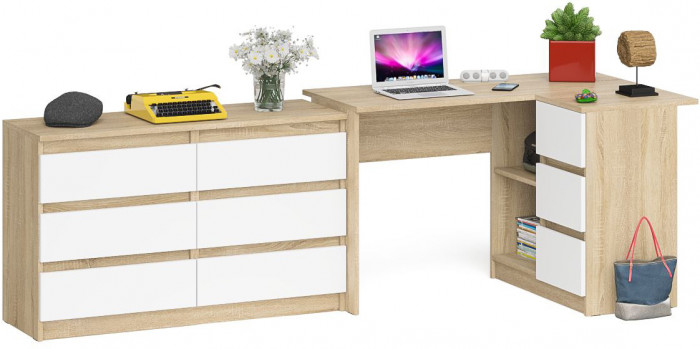 Мори Стол компьютерный МС-16 правый + Комод МК1200.6, цвет дуб сонома/белый, ШхГхВ 244,8х84,9х76,6 см., выдвижные ящики справа, НЕ универс. сборка