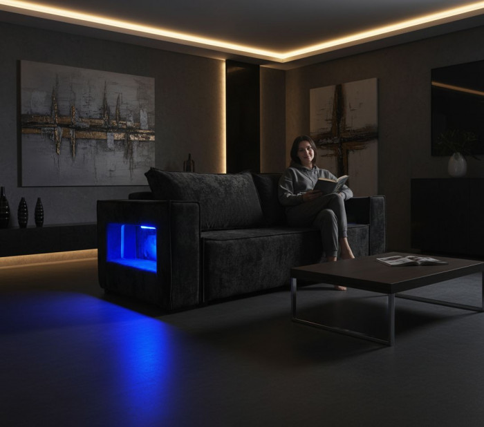 Диван-еврокнижка Лофт Люкс Плюш с подсветкой, 140х195, черный