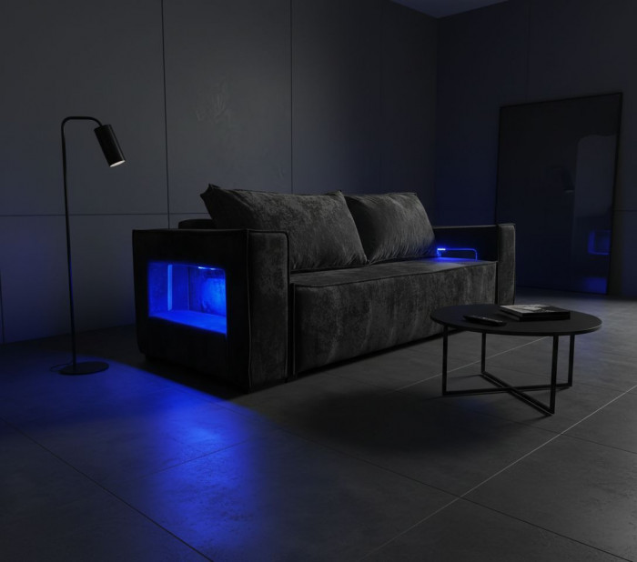 Диван-еврокнижка Лофт Люкс Плюш с подсветкой, 140х195, черный