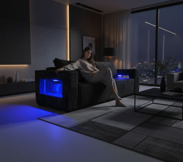 Диван-еврокнижка Лофт Люкс Плюш с подсветкой, 140х195, черный