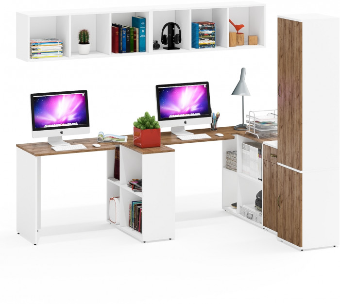 Лидер-8 Стол + Полка + Стол + Полка + Пенал МД 22Б + Тумба МД 3.15, белый шагрень/крафт золото