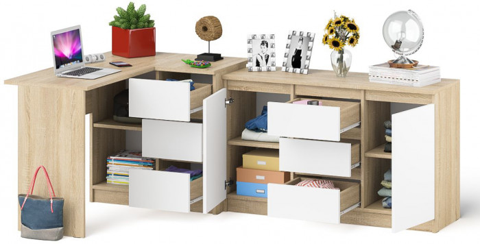 Мори Стол компьютерный МС-16 правый + Комод МК1200.3, цвет дуб сонома/белый, ШхГхВ 244,8х84,9х76,6 см., выдвижные ящики справа, НЕ универс. сборка
