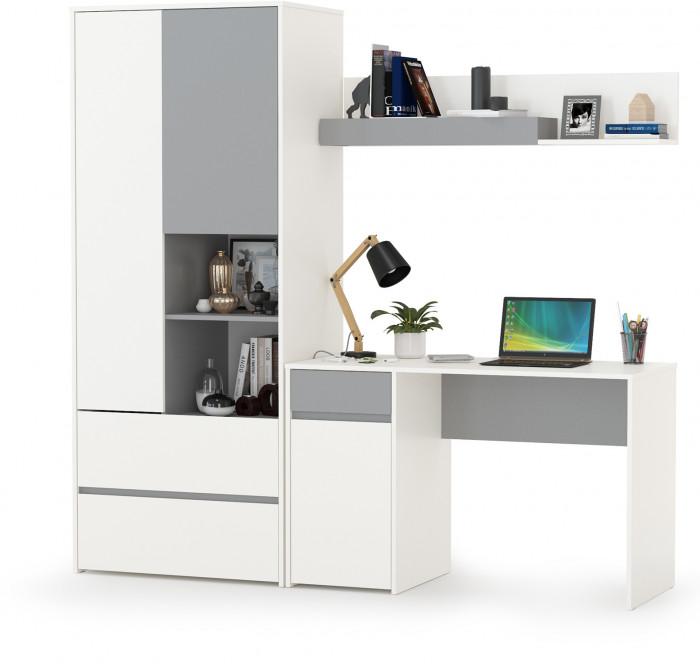 Торонто 12.149 Стол + 13.333 Шкаф для одежды + 16.475 Полка, цвет белый шагрень/стальной серый, ШхГхВ 200х53,1х195,7 см., универсальная сборка