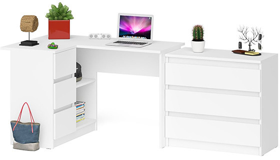 Мори Стол компьютерный МС-16 левый + Комод МК800.1, цвет белый, ШхГхВ 204,8х84,9х76,6 см., выдвижные ящики слева, НЕ универсальная сборка