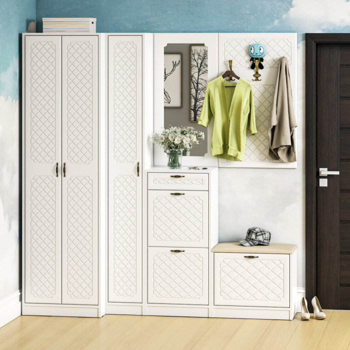 Прихожая П-6-350 Пенал, цвет белая шагрень/фасады МДФ белое дерево фрезеровка ромб, ШхГхВ 30х35х210 см., универсальная сборка