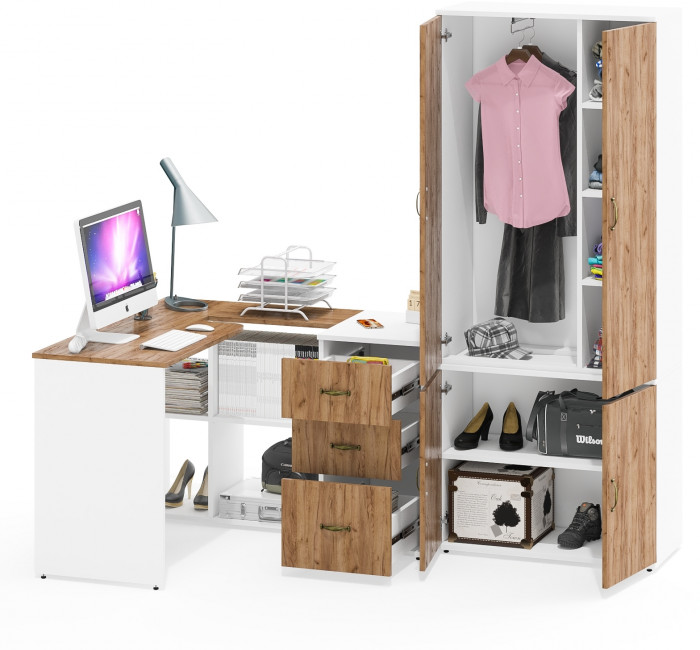 Лидер-8 Стол + Тумба МД 3.16 + Шкаф МД 20Б, белый шагрень/крафт золото