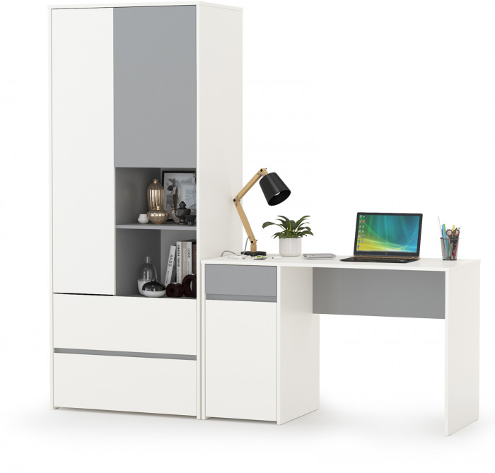 Торонто 12.149 Стол + 13.333 Шкаф для одежды, цвет белый шагрень/стальной серый, ШхГхВ 200х53,1х195,7 см., универсальная сборка