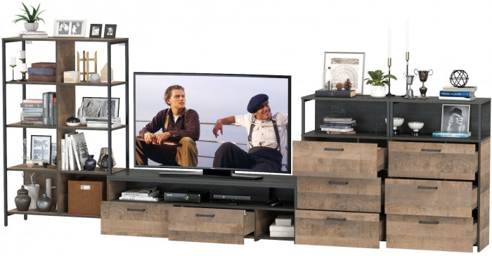 Трувор Гостиная 100, цвет дуб гранж песочный/интра, ШхГхВ 371,8х45,4х146 см., универсальная сборка