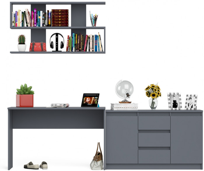 Мори Стол письменный МСП1200.1 + Комод МК1200.3 + Полка 1200, цвет графит, ШхГхВ 240,8х50х209,6 см., универсальная сборка