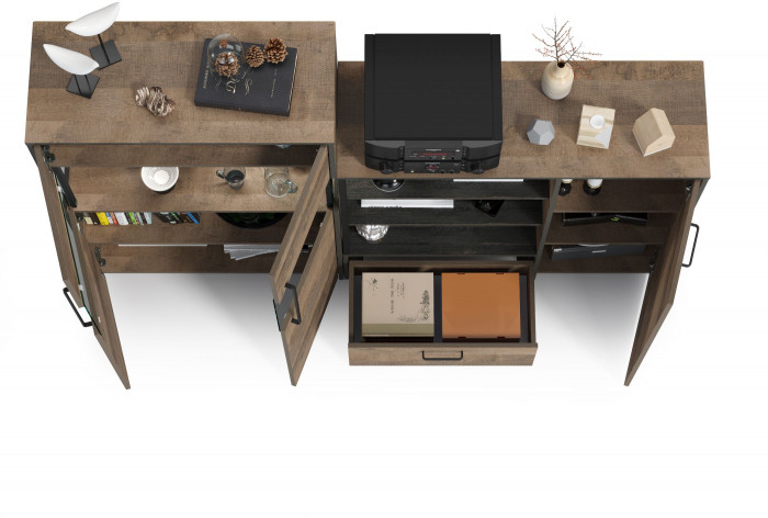 Трувор 13.307.01 Комод + 13.306 Комод с витриной, цвет дуб гранж песочный/интра, ШхГхВ 194,8х37х135,3 см., универсальная сборка