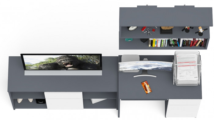 Мори Стол компьютерный МС-1 правый + Тумба МТВ1204.1 + Полка 900, цвет графит/белый, ШхГхВ 210,4х50х209,6 см., НЕ универсальная сборка