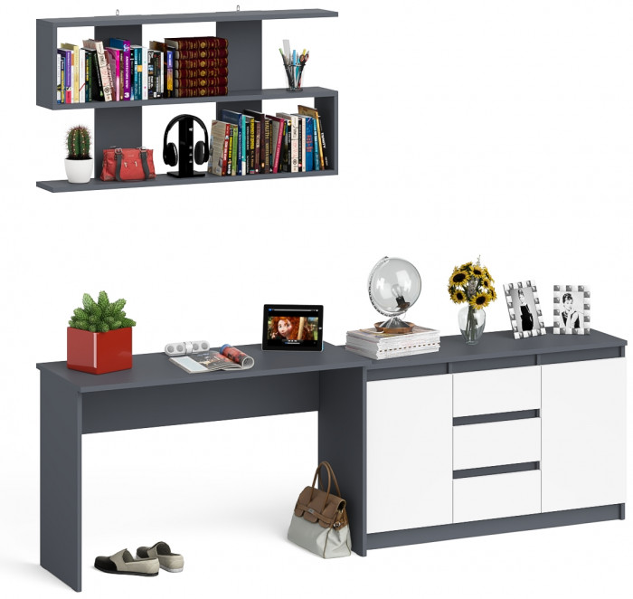 Мори Стол письменный МСП1200.1 + Комод МК1200.3 + Полка 1200, цвет графит/белый, ШхГхВ 240,8х50х209,6 см., универсальная сборка