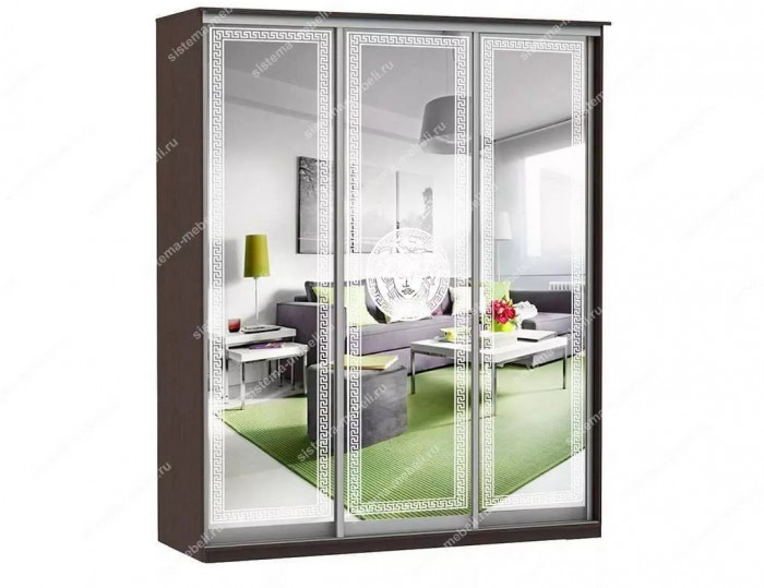 Шкаф купе Модерн 1776х450 3-х дверный 3-х секционный зеркальный с пескоструем №1 венге