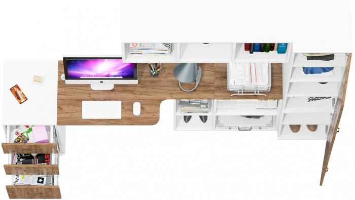 Лидер-8 Стол + Полка + Тумба МД 3.16 + Пенал МД 22Б, цвет белый шагрень/крафт золото, ШхГхВ 245х50/37,5х75/190 или 155х120/50х75/190 см., НЕ ун. сб.