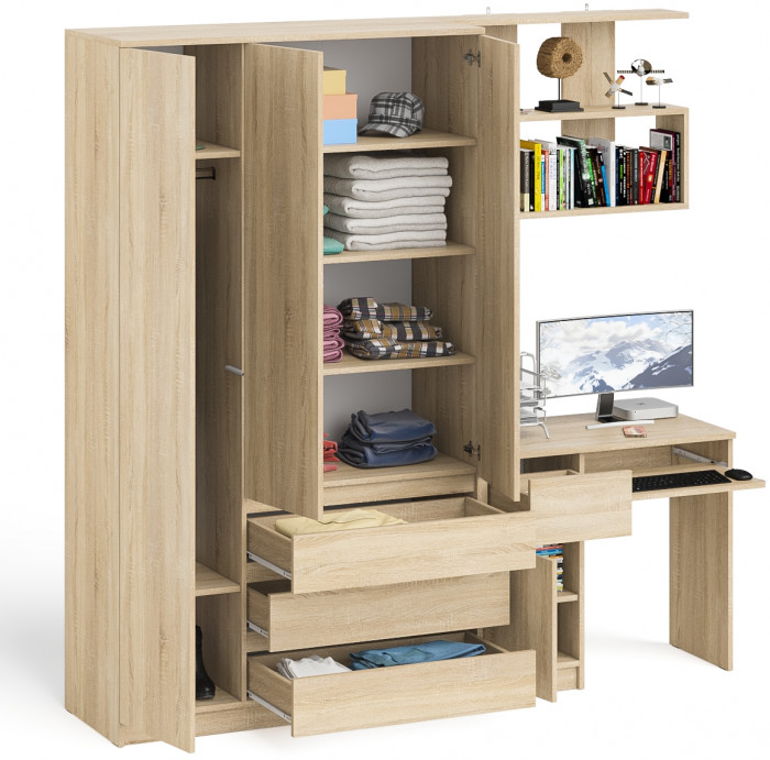 Мори Стол компьютерный МС-1 левый + Шкаф МШ1200.1 + Полка 900, цвет дуб сонома, ШхГхВ 210,4х50,4х209,6 см., НЕ универсальная сборка