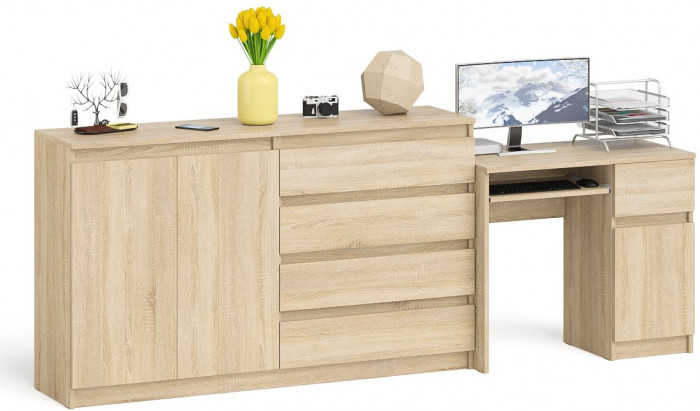 Мори Стол компьютерный МС-1 правый + Комод МК1600.1, цвет дуб сонома, ШхГхВ 250,4х50х94 см., выдвижной ящик справа, НЕ универсальная сборка