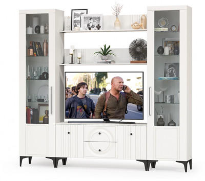 Валенсия Гостиная № 063, цвет ЛДСП белый шагрень/МДФ белый шагрень, ШхГхВ 243,1х38,3х225,2 см., ниша для ТВ 133х38х117 см.