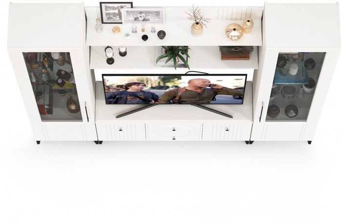 Валенсия Гостиная № 063, цвет ЛДСП белый шагрень/МДФ белый шагрень, ШхГхВ 243,1х38,3х225,2 см., ниша для ТВ 133х38х117 см.