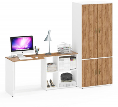 Лидер-8 Стол + Шкаф МД 19Б, белый шагрень/крафт золото