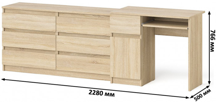 Мори Стол компьютерный МС-1 левый + Комод МК1380.6, цвет дуб сонома, ШхГхВ 228х50х76,6 см., выдвижной ящик слева, НЕ универсальная сборка