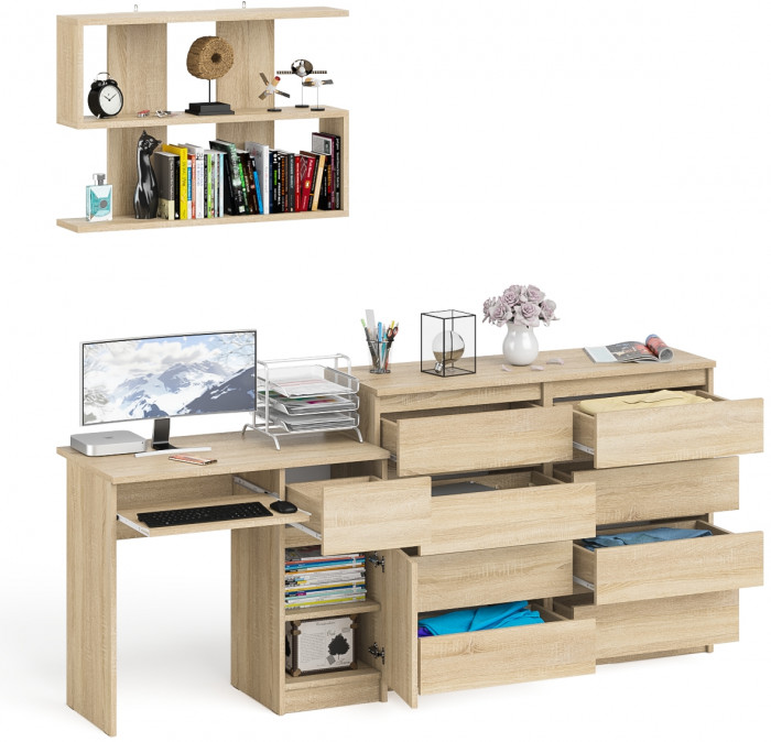 Мори Стол компьютерный МС-1 правый + Комод МК1200.8 + Полка 900, цвет дуб сонома, ШхГхВ 210,4х50х209,6 см., НЕ универсальная сборка