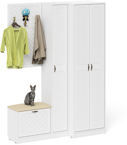 Прихожая П-6 Компоновка № 27, цвет белая шагрень/фасады МДФ белое дерево фрезеровка ромб, ШхГхВ 150х50х210 см., универсальная сборка