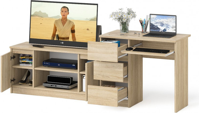 Мори Стол компьютерный МС-6 левый + Тумба МТВ1200.1, цвет дуб сонома, ШхГхВ 210,4х50х76,6 см., выдвижные ящики слева, НЕ универсальная сборка