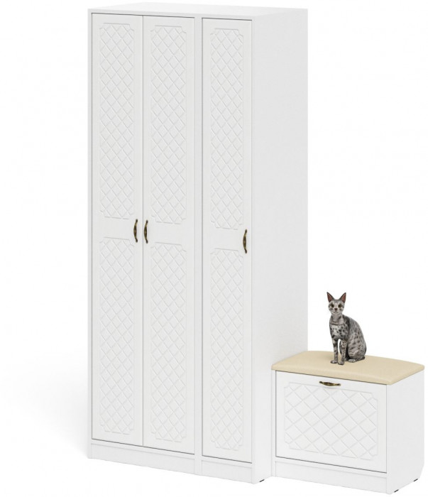 Прихожая П-6 Компоновка № 45, цвет белая шагрень/фасады МДФ белое дерево фрезеровка ромб, ШхГхВ 150х50х210 см., универсальная сборка