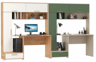 Два Стола письменных Лайт 03.243Н, цвет дуб крафт золотой/белый премиум/сатин/дымчатый зелёный, ШхГхВ 300,4х57,3х179,9 см., НЕ универсальная сборка