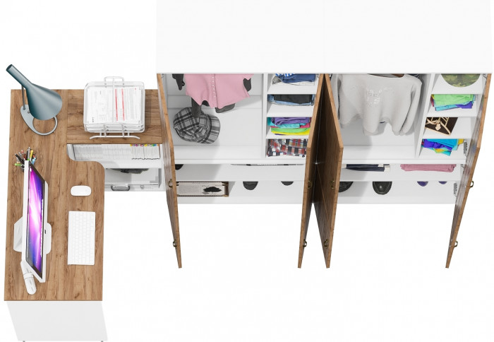 Лидер-8 Стол + Шкаф МД 20Б + Шкаф МД 20Б, белый шагрень/крафт золото