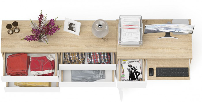 Мори Стол компьютерный МС-1 левый + Комод МК1380.6, цвет дуб сонома/белый, ШхГхВ 228х50х76,6 см., выдвижной ящик слева, НЕ универсальная сборка