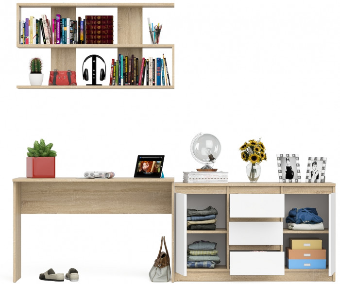 Мори Стол письменный МСП1200.1 + Комод МК1200.3 + Полка 1200, цвет дуб сонома/белый, ШхГхВ 240,8х50х209,6 см., универсальная сборка