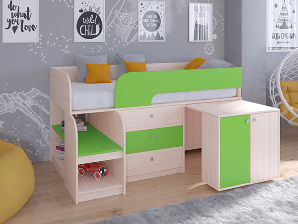 Кровать чердак Астра 9 V7 Дуб молочный/Салатовый