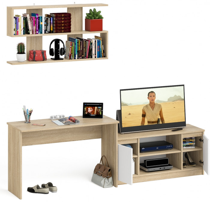 Мори Стол письменный МСП1200.1 + Тумба МТВ1200.1 + Полка 1200, цвет дуб сонома/белый, ШхГхВ 240,8х50х209,6 см., универсальная сборка