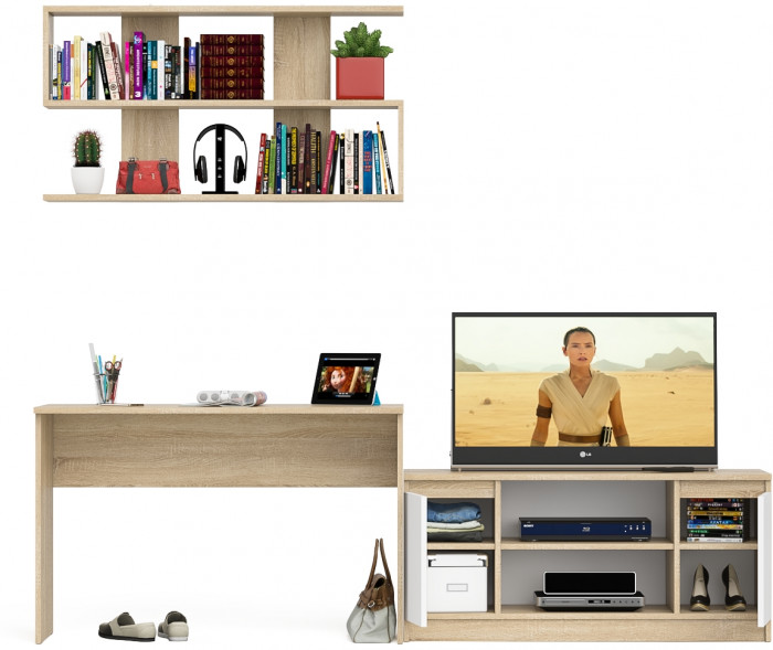 Мори Стол письменный МСП1200.1 + Тумба МТВ1200.1 + Полка 1200, цвет дуб сонома/белый, ШхГхВ 240,8х50х209,6 см., универсальная сборка