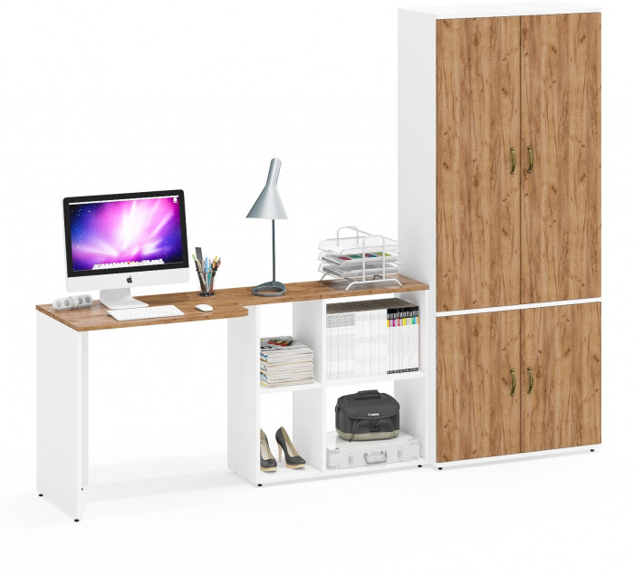 Лидер-8 Стол + Шкаф МД 20Б, белый шагрень/крафт золото