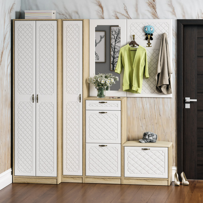 Прихожая П-6-350 Пенал, цвет дуб сонома/фасады МДФ белое дерево фрезеровка ромб, ШхГхВ 30х35х210 см., универсальная сборка