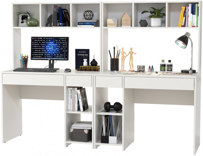 Стол компьютерный Комфорт 12.77F + Стол компьютерный Комфорт 12.77F, цвет белый шагрень, ШхГхВ 200х49,8х147 см., универсальная сборка