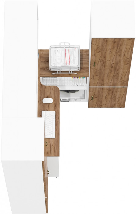 Лидер-8 Стол + Полка + Пенал МД 21Б + Пенал МД 21Б, цвет белый шагрень/крафт золото, ШхГхВ 245х50/37,5х75/190 или 115х160/50х75/190 см., НЕ ун. сб.