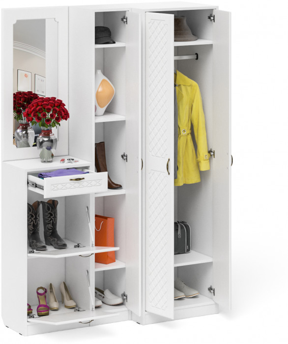 Прихожая П-6 Компоновка № 29, цвет белая шагрень/фасады МДФ белое дерево фрезеровка ромб, ШхГхВ 140х50х210 см., универсальная сборка