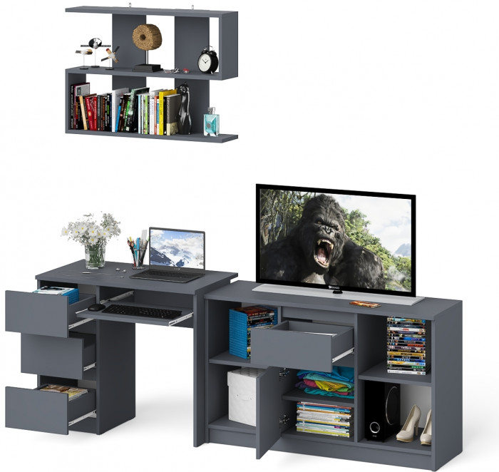 Мори Стол компьютерный МС-6 левый + Тумба МТВ1204.1 + Полка 900, цвет графит, ШхГхВ 210,4х50х209,6 см., НЕ универсальная сборка