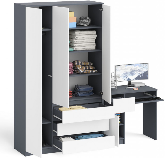 Мори Стол компьютерный МС-1 левый + Шкаф МШ1200.1, цвет графит/белый, ШхГхВ 210,4х50,4х209,6 см., выдвижной ящик слева, НЕ универсальная сборка