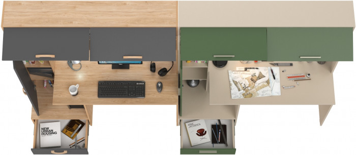 Два Стола письменных Лайт 03.243Н, цвет гикори рокфорд натуральный/тёмно-серый/сатин/дымчатый зелёный, ШхГхВ 300,4х57,3х179,9 см., НЕ универс. сборка